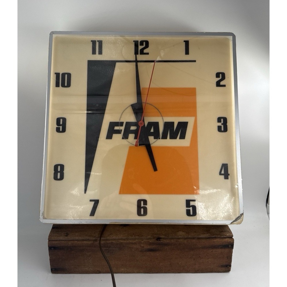Vintage FRAM Filters Lighted Electric Advertising Wall Clock 15" Works Garage